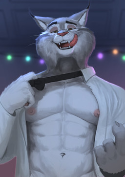 anthro beckoning black_ear_tips bow_tie cheek_tuft clothing dipstick_ears ear_markings eyebrows facial_tuft fur gesture grey_body grey_fur licking licking_lips looking_at_viewer male multicolored_ears muscular navel nipples orange_eyes pecs pink_nipples pink_nose pink_tongue raised_eyebrow shirt solo string_lights teeth tongue tongue_out topwear tuft undressing whiskers white_body white_clothing white_fur white_shirt white_topwear yellow_eyes earthist disney zootopia pawbert_lynxley canada_lynx felid feline lynx mammal absurd_res hi_res