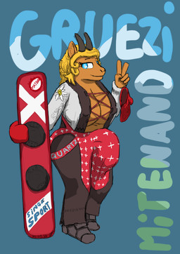 anthro big_breasts big_bulge biped blonde_hair blue_eyes breasts bulge detailed_bulge fur genital_outline gynomorph gynomorph_anthro hair horn huge_bulge intersex intersex_anthro orange_body orange_fur penis_outline snowboard solo sportswear standing text translation_in_description syscav unnamed_character bovid caprine goat ibex mammal absurd_res german_text hi_res translated