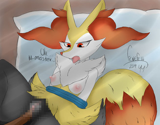 anthro breasts female fur genitals master nipples open_mouth red_eyes sex solo tongue tongue_out vulva fenefell nintendo pokemon braixen canid generation_6_pokemon human mammal pokemon_(species) censored digital_media_(artwork) hi_res mosaic_censorship