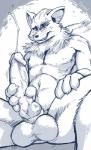 anthro balls biped bodily_fluids claws cum cumshot ejaculation erection fur genital_fluids genitals hand_on_leg hand_on_thigh hybrid_genitalia hybrid_penis knot male masturbation muscular muscular_anthro muscular_male neck_tuft nipples orgasm penile penile_masturbation penis sitting solo spread_legs spreading tuft vein whiskers dawmino gingitsune gintaro canid canine fox mammal absurd_res digital_drawing_(artwork) digital_media_(artwork) hi_res monochrome