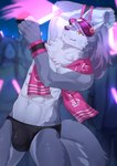 abs anthro athletic athletic_anthro athletic_male bulge clothing crowd glowstick group hair male pecs ponytail speedo swimwear towel agitongunohoken agitoryuusaki lifewonders tokyo_afterschool_summoners hati_(tas) canid canine canis mammal wolf absurd_res hi_res