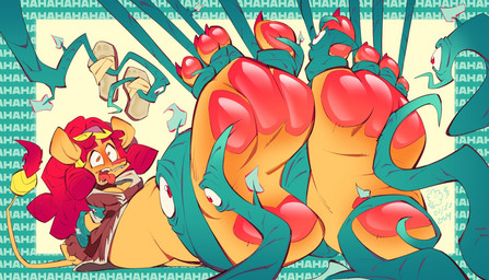4_toes ankles_tied anthro blush bound claws clothed clothing feet female foot_fetish foot_focus foot_imprint footwear hair imprint jacket laugh long_hair open_mouth pawpads red_hair restrained restrained_by_tentacles sandals shoes skimpy soles solo tentacles tentacles_with_eyes text tickle_fetish tickling tickling_feet toes tongue tongue_out topwear oddjuice felid lion mammal pantherine 2025 english_text