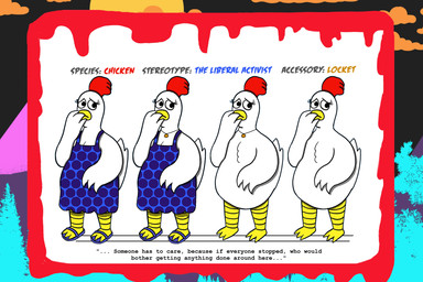 1980s_theme accessory_only anthro beak blood bodily_fluids bright_colors chest_tuft clothing dress feathers female footwear frown hand_on_face horror_(theme) humor locket no_genitals nude pattern_clothing pattern_dress polka_dots quote red_crown sandals shoes solo text tuft alystairphantem the_party_animals penny_cooper_(the_party_animals) avian bird chicken galliform phasianid 3:2 absurd_res english_text hi_res model_sheet
