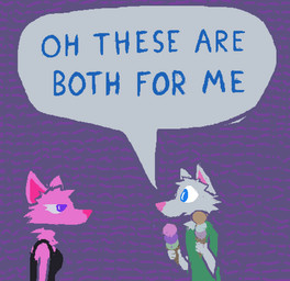 anthro black_clothing black_shirt black_tank_top black_topwear clothing dessert dialogue disappointed duo female food fur green_clothing green_shirt green_t-shirt green_topwear grey_body grey_fur holding_food holding_ice_cream holding_object ice_cream male open_mouth open_smile pink_body pink_fur shirt smile speech_bubble t-shirt tank_top text topwear demensa canid canine canis domestic_dog mammal 2024 comic english_text hi_res