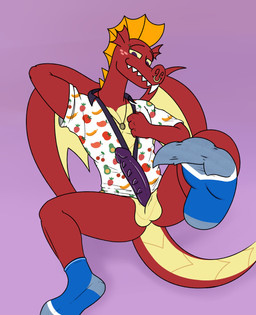 anthro balls blue_clothing blue_footwear blue_socks bottomless clothed clothing erection eyebrow_piercing facial_piercing feet foot_focus footwear genitals jewelry looking_at_viewer male necklace nose_piercing nose_ring open_clothing open_shirt open_topwear penis piercing purple_eyes purple_penis ring_piercing shirt sock_fetish socks solo topwear wings yellow_sclera aaron_amethyst friendship_is_magic hasbro my_little_pony mythology garble_(mlp) dragon mythological_creature mythological_scalie scalie absurd_res hi_res