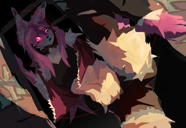 anthro big_ears bottomwear clothing feet female glowing glowing_eyes hair jacket multicolored_body pink_body pink_hair raised_leg shirt shorts solo spread_legs spreading tank_top topwear white_body doom_pidgeon brand_new_animal studio_trigger nazuna_hiwatashi canid canine fox mammal hi_res