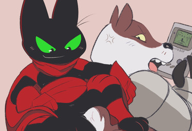 angry anthro black_body black_fur cape clothing cross-popping_vein cybernetics duo electronics fur game_boy_console game_console game_screen gaming gloves green_eyes handheld handheld_console handwear machine male mechanical_arm nintendo_console playing_video_game red_clothing screen vein tbid cartoon_network game_boy game_boy_family mao_mao:_heroes_of_pure_heart nintendo badgerclops sheriff_mao_mao_mao badger cyborg domestic_cat felid feline felis mammal mustelid musteline hi_res