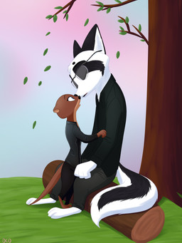 ambiguous_gender anthro barefoot black_ears blue_eyes chest_tuft clothed clothing duo eyes_closed eyewear facial_markings feet glasses head_markings head_tuft imminent_kiss leaf log markings neck_tuft outside plant sitting size_difference standing tree tuft wood skelly_doll landsec_(character) victorique_(victorique06) canid canine fox mammal mustelid otter 2019 3:4 hi_res signature