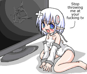 angry armwear barefoot blue_eyes blush bodily_fluids clothing cracked cracks detached_sleeves dialogue dwarfism electronics feet female game_console hair humanoid_pointy_ears humor monitor not_furry open_mouth personification pointy_ears profanity simple_background slim_female slim_humanoid solo tears television text the_truth white_background white_hair yelling unknown_artist 4chan nintendo wii wii-tan elf humanoid digital_media_(artwork) english_text low_res meme oekaki