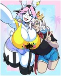 anthro backwards_baseball_cap backwards_hat baseball_cap bell bell_collar big_breasts big_bulge black_baseball_cap black_clothing black_shirt black_t-shirt black_topwear blue_bottomwear blue_clothing blue_eyes blue_hair blue_hotpants blue_shorts bottomwear breasts bulge burger_king_crown chest_tuft cleavage clothed clothed_anthro clothed_gynomorph clothing collar duo eye_through_hair eyebrow_through_hair eyebrows eyelashes eyelashes_through_hair fur furgonomic_baseball_cap furgonomic_hat furgonomic_headwear furgonomics gesture gynomorph hair hand_gesture hat headgear headwear hotpants huge_breasts inner_ear_fluff intersex jingle_bell jingle_bell_collar long_ears multicolored_eyes multicolored_hair one_eye_closed open_mouth open_smile pink_eyes pink_hair purple_bottomwear purple_clothing purple_hotpants purple_shorts scut_tail selfie shirt short_tail shorts smile t-shirt tail tan_body tan_fur topwear translucent translucent_hair tuft two_tone_eyes two_tone_hair v_sign white_hair wink yellow_clothing yellow_topwear boosterpang burger_king jamie_(boosterpang) pb_(theycallhimcake) badger lagomorph leporid mallkin mammal mustelid musteline rabbit 2022 digital_drawing_(artwork) digital_media_(artwork) english_description hi_res portrait three-quarter_portrait busty_boy_(lore) male_(lore)