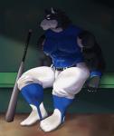 abs anthro athletic baseball_bat baseball_uniform bat_(object) belt biceps bottomwear clothing fur kemono male multicolored_body multicolored_fur muscular muscular_anthro muscular_male nipples pants pecs simple_background solo sport sportswear tight_clothing uniform wristband dragon0324r canid canine canis mammal wolf 2018 digital_media_(artwork) hi_res