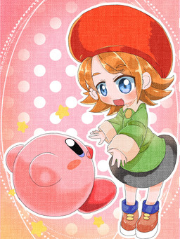 abstract_background ambiguous_gender biped blue_eyes blush blush_stickers clothed clothed_female clothed_human clothing duo eye_contact female hair happy looking_at_another not_furry open_mouth open_smile orange_hair outline pattern_background pink_background pink_body red_body short_hair simple_background size_difference smile star_polygon tan_body tan_skin wearing_hat white_outline mu-u_(artist) kirby_(series) kirby_64:_the_crystal_shards nintendo adeleine_(kirby) kirby human mammal waddling_head 2023 3:4 digital_drawing_(artwork) digital_media_(artwork) hi_res japanese_description