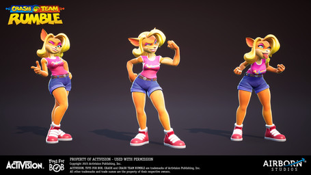 4_fingers anthro arms_bent belt belt_buckle bent_leg black_background blonde_hair blue_bottomwear blue_clothing blue_eyes blue_shorts bottomwear breasts brown_belt brown_eyebrows brown_nose buckle clothed clothed_anthro clothed_female clothing eyebrows eyelashes eyeshadow female female_anthro fingers fist flexing flexing_bicep footwear fully_clothed fully_clothed_anthro fully_clothed_female fur furrowed_eyebrows gesture hair hand_gesture hand_on_hip hand_on_own_hip leaning leaning_forward light lips logo long_hair makeup making_faces markings mocking mole_(marking) notched_ear orange_body orange_fur pink_clothing pink_eyeshadow pink_lips pink_shirt pink_tank_top pink_topwear pockets pointing red_clothing red_footwear red_inner_ear red_shoes shirt shoelaces shoes shorts simple_background solo standing straight_legs tank_top taunting teasing text title tongue tongue_out toothy_grin topwear year martin_elsaesser activision crash_bandicoot_(series) crash_team_rumble toys_for_bob tawna_bandicoot bandicoot mammal marsupial 16:9 2024 3d_(artwork) 3d_model_showcase autodesk_maya_(artwork) blender_(artwork) colored digital_media_(artwork) english_description english_text hi_res lighting marmoset_toolbag_(artwork) official_art shaded substance_painter_(artwork) unreal_engine_(artwork) widescreen zbrush_(artwork)