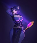 anthro big_breasts blue_body blue_fur bodily_fluids bodysuit breasts clothing female fur heart_symbol looking_at_viewer neon skinsuit smile solo thick_thighs tight_clothing white_body alfavition nintendo star_fox krystal_(star_fox) canid canine fox mammal absurd_res hi_res