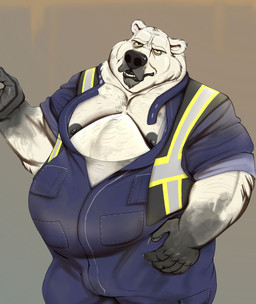 anthro belly big_belly black_nose bulge clothing fur male mature_male moobs nipples obese obese_male overalls overweight overweight_male solo white_body white_fur raivenderouthelion bear mammal polar_bear ursine hi_res