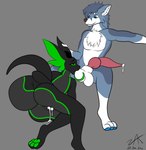 ambiguous_gender anthro ball_lick ball_worship balls big_balls big_ears big_penis big_tail black_body blue_body blue_eyes blue_fur blue_pawpads bodily_fluids brown_nose cum duo ear_grab facial_markings fur genital_fluids genitals green_markings green_pawpads green_sclera head_markings holding_tail horn knot leaking_cum licking long_tongue looking_down_at_partner looking_pleasured male male/ambiguous markings multicolored_body oral pawpads penis presenting sex simple_background snout snout_markings tail tongue two_tone_body white_body white_fur zaks mythology blue-wolfy zaks_(character) canid canine canis dragon luceiry mammal mythological_creature mythological_scalie scalie wolf absurd_res flat_colors hi_res