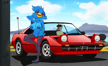 anthro areola beak bedroom_eyes big_breasts breasts car feathers feet female fingers genitals half-closed_eyes hand_behind_head looking_at_viewer narrowed_eyes navel nipples non-mammal_breasts non-mammal_navel non-mammal_nipples nude open_beak open_mouth outdoor_nudity outside scuted_legs scutes seductive smile solo tail tail_feathers toes vehicle vulva pountach ferrari avian bird certhioid wren digital_media_(artwork) hi_res