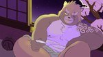 alcohol anthro belly beverage detailed_background kemono male moobs night nipples one_eye_closed overweight overweight_male plant sake sake_bottle sake_dish scar sitting solo tattoo tree tullys_dallies lifewonders tokyo_afterschool_summoners gyobu_(tas) canid canine mammal raccoon_dog tanuki 16:9 2022 hi_res widescreen