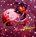 bag black_clothing black_hair blood bodily_fluids christmas_clothing christmas_headwear clothing female footwear glistening glistening_eyes gore hair hat headgear headwear holidays horn knee_highs knee_socks legwear looking_at_viewer open_mouth open_smile red_body red_skin sack santa_dress santa_hat smile smiling_at_viewer snow snowing socks solo spade_tail striped_knee_socks tail teeth text tooth_gap yellow_sclera the-butcher-x christmas helluva_boss millie_(helluva_boss) demon horned_humanoid humanoid imp tailed_humanoid 1:1 2022 english_text hi_res