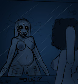 altered_reflection anthro blood bodily_fluids body_horror breasts duo female genitals gynomorph horror_(theme) intersex long_limbs mirror nightmare_fuel nipples penis reflection self-harm sink vulva ccruelangel lagomorph leporid mammal rabbit hi_res trans_(lore) trans_woman_(lore)