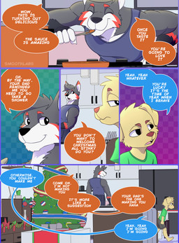 age_difference anthro dialogue fur grey_body grey_fur male male/male speech_bubble text yellow_body yellow_fur young young_male younger_male smoothlabs caramel_(smoothlabs) maeth_(smoothlabs) bird_dog canid canine canis domestic_dog golden_retriever hunting_dog mammal retriever wolf absurd_res comic digital_media_(artwork) english_text hi_res