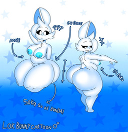 anthro big_breasts big_butt blue_nipples breasts bubble_butt butt female genitals huge_butt nipples scut_tail short_tail solo tail text thick_thighs vulva white_body white_eyes lokbunny17 lok_bunny lagomorph leporid mammal rabbit 2024 hi_res model_sheet portuguese_text translated