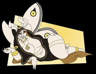 4_arms abstract_background anklet antennae_(anatomy) anthro belly big_breasts black_clothing black_lips black_sclera bracelet breasts cleavage clothed clothing female gold_(metal) gold_bracelet gold_jewelry gold_necklace gold_pendant hair insect_wings jewelry lepidopteran_wings lips looking_at_viewer lying multi_arm multi_limb necklace on_side robe sharp_teeth simple_background slightly_chubby solo teeth thick_thighs white_body white_hair white_skin wide_hips wings snoopy_snoot the_binding_of_isaac_(series) delirium_(tboi) nov_(noveuxa) arthropod goo_creature insect lepidopteran moth hi_res