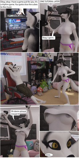 5_toes accident accidental_exposure anthro areola bare_legs barefoot biped black_body black_fur black_nose bottomwear breasts clothed clothing computer computer_keyboard countershade_tail countershading crop_top dialogue duo electronics feet female fur gaming_chair grey_areola grey_nipples hotpants humanoid_feet male navel nipple_slip nipples plantigrade plushie pupils shelf shirt shorts slit_pupils sound_effects speech_bubble standing tail text thought_bubble toes topless topless_anthro topless_male topwear under_boob voyeur vr_headset yellow_eyes littlefisky beat_saber steam_(software) valve valve_corporation grace_(littlefisky) rick_(littlefisky) canid canine fox mammal 3d_(artwork) absurd_res comic digital_media_(artwork) english_text hi_res brother_(lore) brother_and_sister_(lore) incestuous_voyeur_(lore) sibling_(lore) sister_(lore)