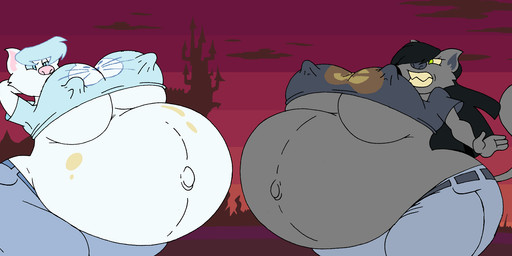 anthro belly belt big_belly big_breasts black_hair bottomwear breasts clothing denim denim_bottomwear denim_clothing duo female fur green_eyes grey_body grey_fur hair hands_behind_head huge_belly huge_breasts hyper hyper_belly hyper_pregnancy jeans nipple_outline pants pregnant pregnant_anthro pregnant_female shirt teal_eyes teal_hair teeth thick_thighs topwear white_body white_fur virus-20 midnight_(virus-20) mittens_(virus-20) domestic_cat felid feline felis mammal 2023 digital_media_(artwork) hi_res