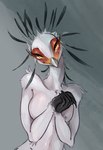 anthro avian_arms beak breasts eyelashes facial_markings feathers female grey_beak head_markings head_tilt looking_at_viewer markings mask_(marking) nude orange_eyes red_markings simple_background solo white_body white_feathers siripim111 accipitriform avian bird secretary_bird half-length_portrait hi_res portrait