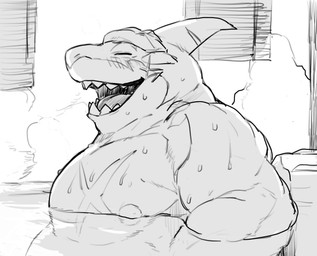 anthro bath breath happy male muscular muscular_anthro muscular_male nipples nude scar solo steam tobikara3 lifewonders tokyo_afterschool_summoners typhon_(tas) aquatic cetacean dolphin fish hybrid mammal oceanic_dolphin orca shark toothed_whale 2019 hi_res monochrome