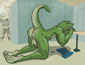 3_toes anthro anus backsack balls bathing bottomwear butt clothing duo feet genitals glistening glistening_body green_body locker_room looking_back male muscular muscular_anthro muscular_male nude penis perineum presenting presenting_hindquarters raised_tail shorts shower showering soles solo_focus tail toes wet hieronymusjohnson background_character reptile scalie aliasing binary_drawing digital_drawing_(artwork) digital_media_(artwork)