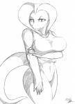 anthro big_breasts black_and_white breasts clothing cobra digital_media_(artwork) female genitals hi_res monochrome non-mammal_breasts pussy reptile scalie shirt snake snake_hood solo tank_top thepainfultruth topwear