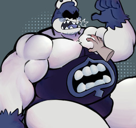 anthro belly belly_mouth biceps big_belly big_butt blue_tongue bulge butt clothed clothing dialogue duo forced leotard male male/male moob_grab moobs muscular muscular_male overweight shadowed_face simple_background tongue white_body sucio_pelon deltarune undertale_(series) anon king_spade darkner humanoid hi_res