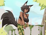 big_breasts black_clothing black_hair black_shirt black_tank_top black_topwear blue_eyes blue_sky bottomwear breasts camo camo_bottomwear camo_clothing camo_pants camo_print cleavage clothed clothing dark_body dark_skin day female hair huge_breasts inner_ear_fluff leaf moss navel outside pants pattern_bottomwear pattern_clothing pattern_pants plant shirt short_hair sitting sky solo tank_top topwear tree tuft poegryn maya_(poegryn) animal_humanoid canid canid_humanoid canine canine_humanoid canis humanoid mammal mammal_humanoid wolf wolf_humanoid digital_media_(artwork) hi_res