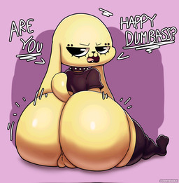 alternative_fashion annoyed anthro balls big_butt big_ears big_eyes big_pupils black_clothing black_legwear black_lipstick black_nose black_shirt black_stockings black_thigh_highs black_topwear bottomless bottomless_anthro bottomless_male butt clothed clothed_anthro clothed_male clothing collar dialogue eyelashes femboy floppy_ears fur genitals glistening glistening_butt glistening_eyes goth huge_butt hyper hyper_butt legwear lipstick long_ears looking_at_viewer looking_back makeup male male_anthro open_mouth piercing plantigrade presenting presenting_hindquarters pupils question question_mark shirt simple_background sitting sitting_on_ground solo spiked_collar spikes stockings tail text thick_thighs thigh_highs topwear wide_hips yellow_body yellow_fur crowundeadcat chikn_nuggit chikn_nuggit_(chikn_nuggit) goth_chikn_(chikn_nuggit) canid canine canis domestic_dog mammal 2024 digital_drawing_(artwork) digital_media_(artwork) english_text hi_res