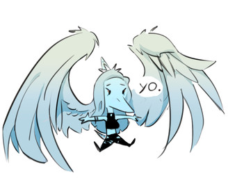 anthro blue_body bottomwear chibi clothed clothing feathered_wings feathers female hair long_hair long_snout pants simple_background snout solo torn_bottomwear torn_clothing torn_pants white_background wings d._(artist) cavemanon_studios goodbye_volcano_high ko_op_(game_developer) snoot_game fang_(gvh) prehistoric_species pterosaur reptile scalie