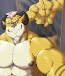 anthro back_muscles beard big_muscles black_horn black_nipples black_nose bottomwear brown_eyes butt clothed clothing facial_hair fur grin hair horn huge_muscles looking_at_viewer male mirror muscular muscular_anthro muscular_male nipples selfie shorts smile tattoo tight_clothing topless white_hair yellow_body yellow_fur gojho volt_(muscleramvolt) bovid caprine mammal 2019 hi_res