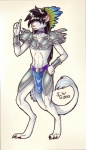 anthro armor bottomwear clothed clothing collar digitigrade dominant feathers femboy loincloth male nude partially_clothed solo spikes tail tail_tuft tuft dianasilverwolf richter mammal mustelid musteline stoat true_musteline weasel