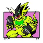 abs anthro armor clothing fingerless_gloves gloves handwear headgear helmet knuckle_duster male muscular muscular_anthro muscular_male solo vein veiny_muscles yellow_body bozorobo bandai_namco digimon bulkmon digimon_(species)