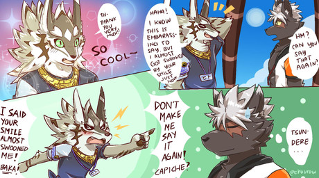 angry beach blush clothing countershading dialogue embarrassed hat headgear headwear male male/male seaside text tsundere visor_cap chuurow lifewonders tokyo_afterschool_summoners seth_(tas) tadatomo_(tas) canid canine canis domestic_dog jackal mammal comic english_text hi_res