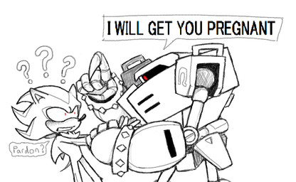 anthro arm_grab conjoined_eyes duo gesture hand_gesture machine male male/male pointing pointing_at_another question_mark red_eyes text timandmau sega sonic_the_hedgehog_(series) e-123_omega shadow_the_hedgehog eulipotyphlan hedgehog mammal robot digital_drawing_(artwork) digital_media_(artwork) english_text