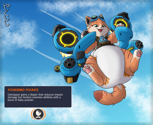 ability cloud control-stick diaper female feral flying hud ingame_assets jet_pack midair motion_lines narrowed_eyes open_mouth pawpads sky smug solo spread_legs spreading text conditional_dnp yakukitsu blizzard_entertainment overwatch fika_(overwatch) domestic_cat felid feline felis mammal english_text hi_res signature