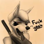 1:1 2018 aira an_ancient anthro canid canine canis clothed clothing domestic_dog english_text female fur hair husky katana looking_pleasured mammal melee_weapon nordic_sled_dog open_mouth profanity simple_background sketch smile solo spitz sword text tongue tongue_out weapon wolf yellow_eyes
