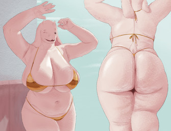 anthro belly big_belly big_breasts big_butt bikini bikini_bottom bikini_top breasts butt cellulite clothed clothing female front_view fur gesture glistening glistening_body gold_bikini horn huge_breasts mature_female multiple_angles one_eye_closed overweight overweight_female presenting presenting_armpit presenting_breasts presenting_hindquarters public raised_arm rear_view sagging_breasts shadow skimpy sky slightly_chubby slightly_chubby_female smile solo standing swimwear tail thick_thighs two-piece_swimsuit walking waving waving_at_viewer white_body milkermaker deltarune undertale_(series) toriel bovid caprine goat mammal absurd_res hi_res