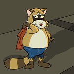 anthro biped brown_body clothing male red_nose shirt slightly_chubby solo topwear fictionist12 robot_dreams rascal_(robot_dreams) mammal procyonid raccoon 1:1 2024 hi_res