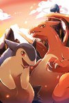 cloud duo embers feral male mountain text azuma_minatsu nintendo pokemon charizard generation_1_pokemon generation_2_pokemon pokemon_(species) typhlosion comic digital_media_(artwork)