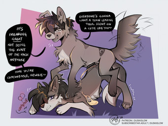 ass_up blush blush_lines bodily_fluids cheek_tuft chest_tuft claws dialogue duo ear_piercing facial_tuft female feral feral_on_feral genital_fluids hair male male/female open_mouth peeing peeing_on_another piercing quadruped sex tail tail_motion tailwag talking_feral talking_to_another talking_to_partner text tuft urine duskiglow canid canine canis mammal wolf 2024 colored_sketch digital_drawing_(artwork) digital_media_(artwork) english_text hi_res sketch