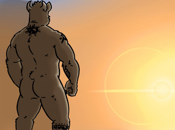 anthro biceps butt horn male manly muscular muscular_anthro muscular_male nude pose simple_background solo stocky sun sunset tattoo husky92 alejandro_(husky92) bear bovid bovine cattle hybrid mammal
