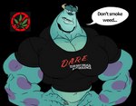 big_muscles bottomless clothed clothing drugs horn looking_at_viewer male marijuana muscular pecs solo text remert d.a.r.e. disney monsters_inc pixar sulley monster alpha_channel english_text hi_res